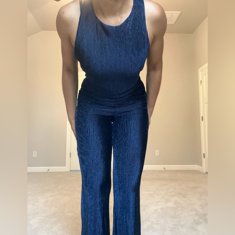 Navy Blue Velvet Jumpsuit - Picture 10 of 17